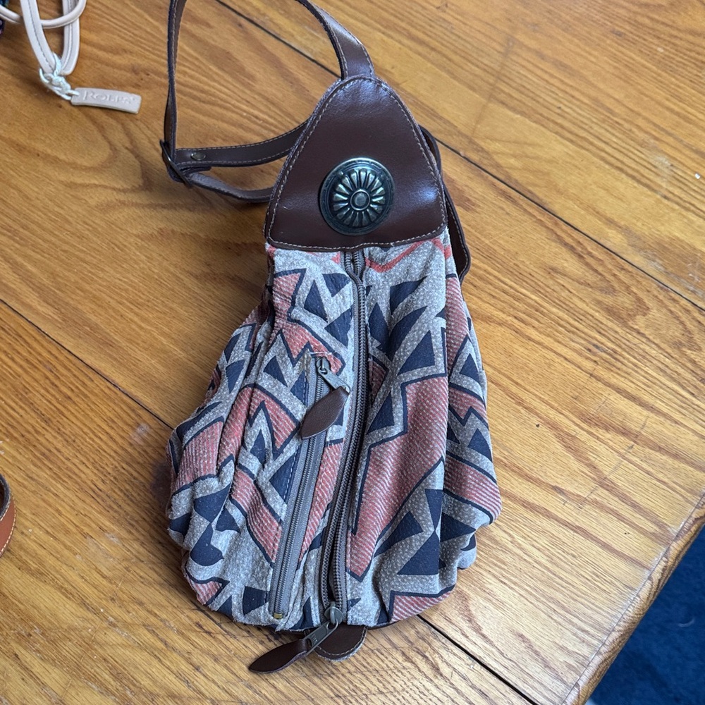 Geometric Patterned Sling Bag with Brown Accents